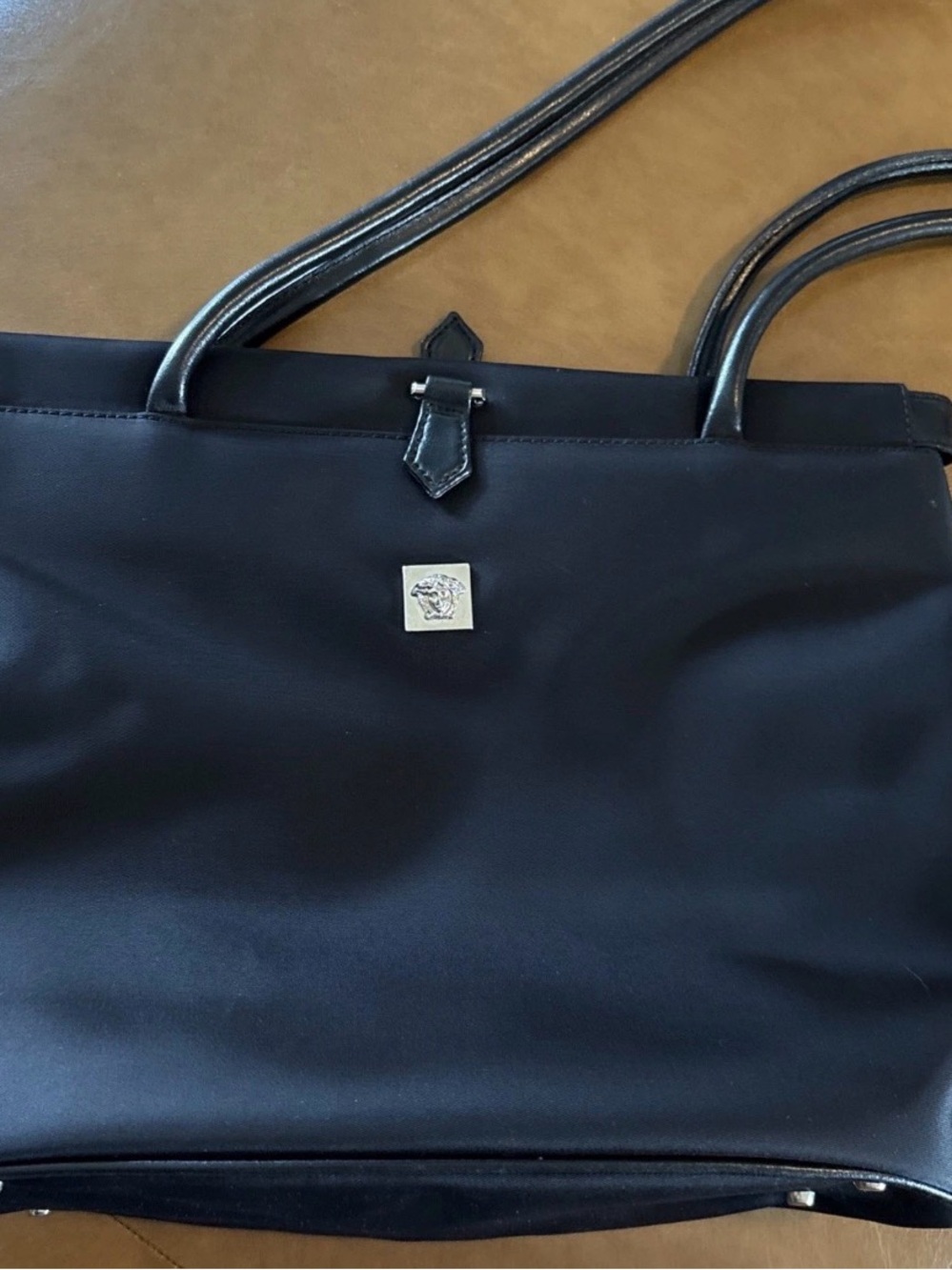 Gianni Versace Black Nylon And Leather Shoulder Bag  like new